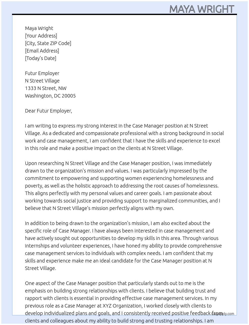 Case Manager At N Street Village Cover Letter