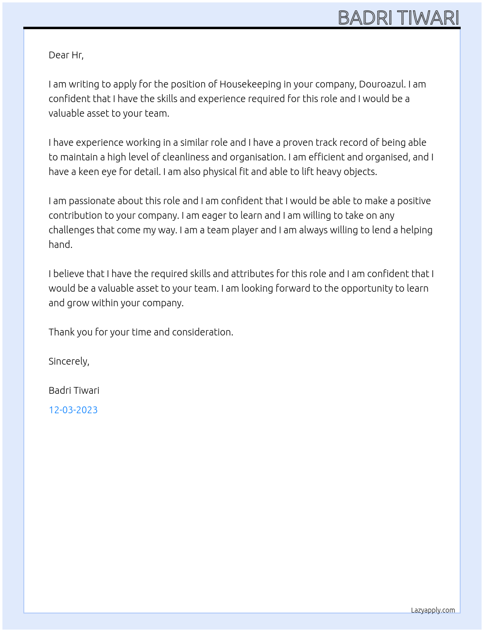 Housekeeping At Douroazul Cover Letter