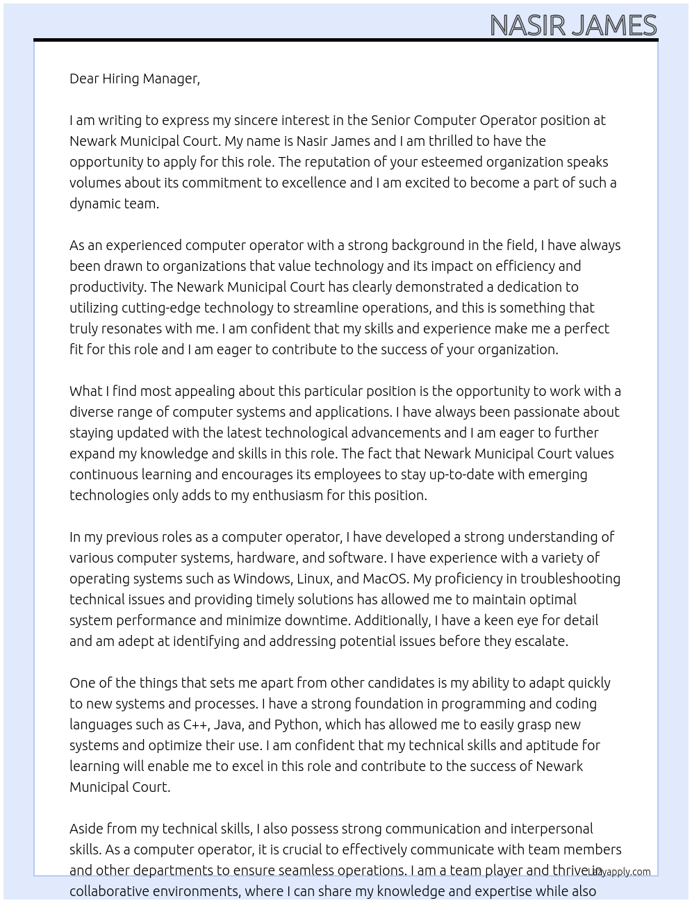 Cover letter for senior computer operator - LazyApply