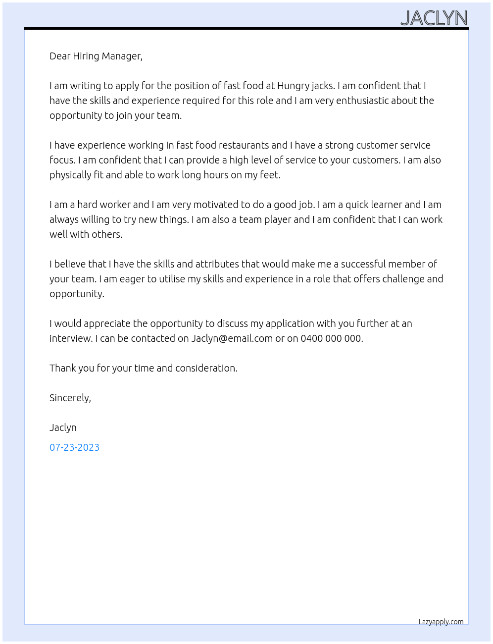 Fast food  At Hungry jacks Cover Letter