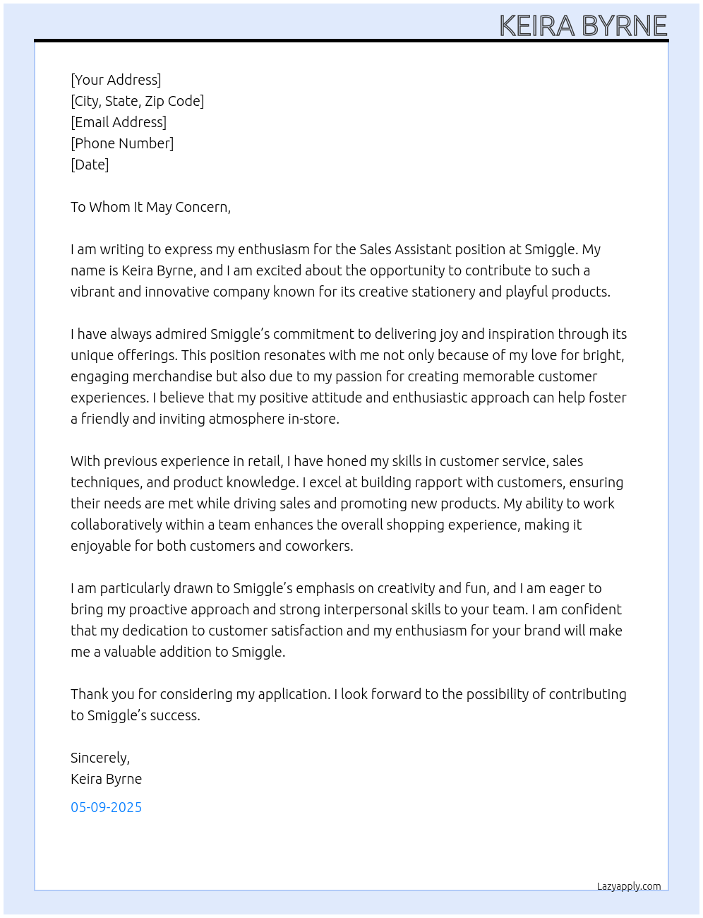 sales assistant At Smiggle Cover Letter