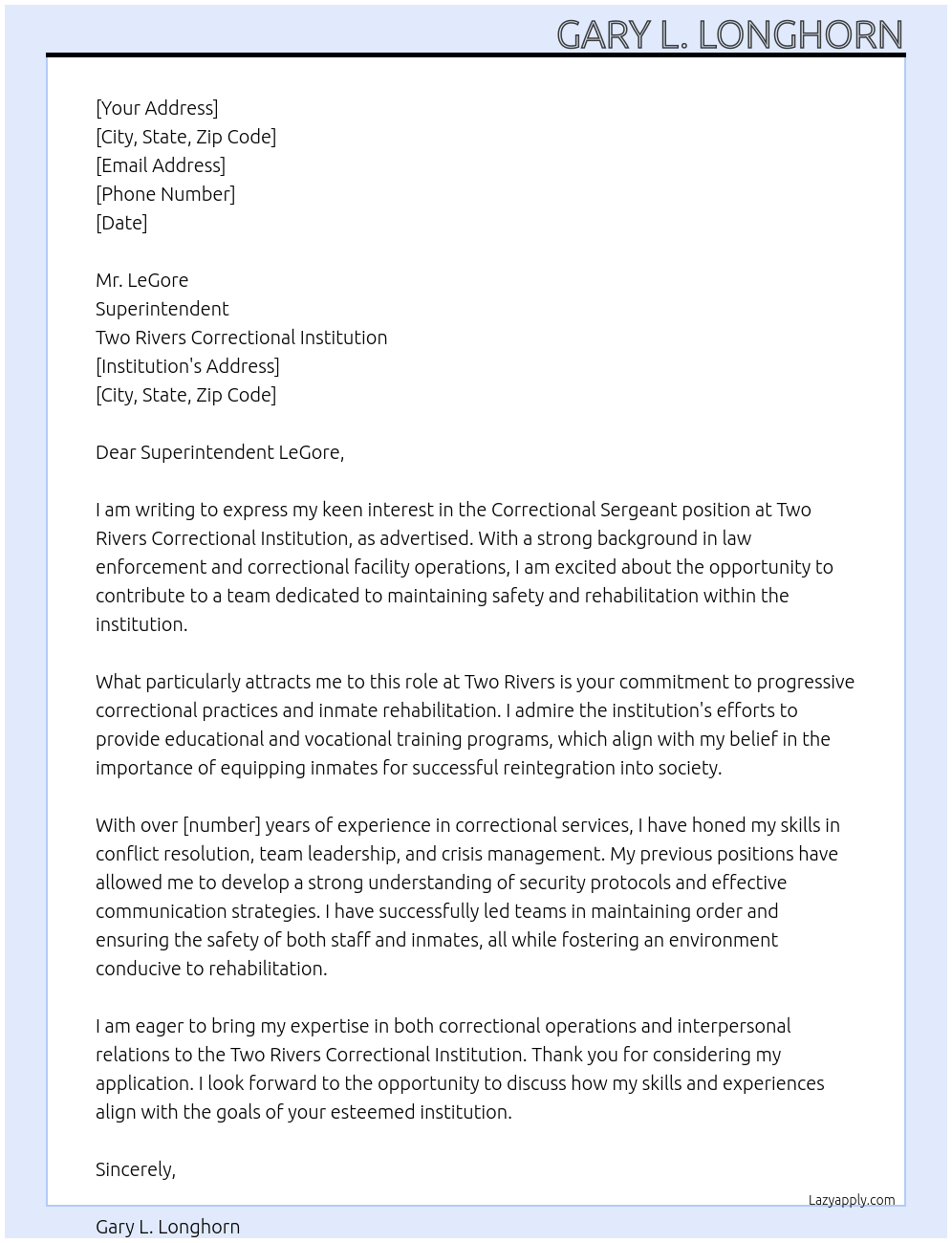 Cover letter for correctional sergeant - LazyApply