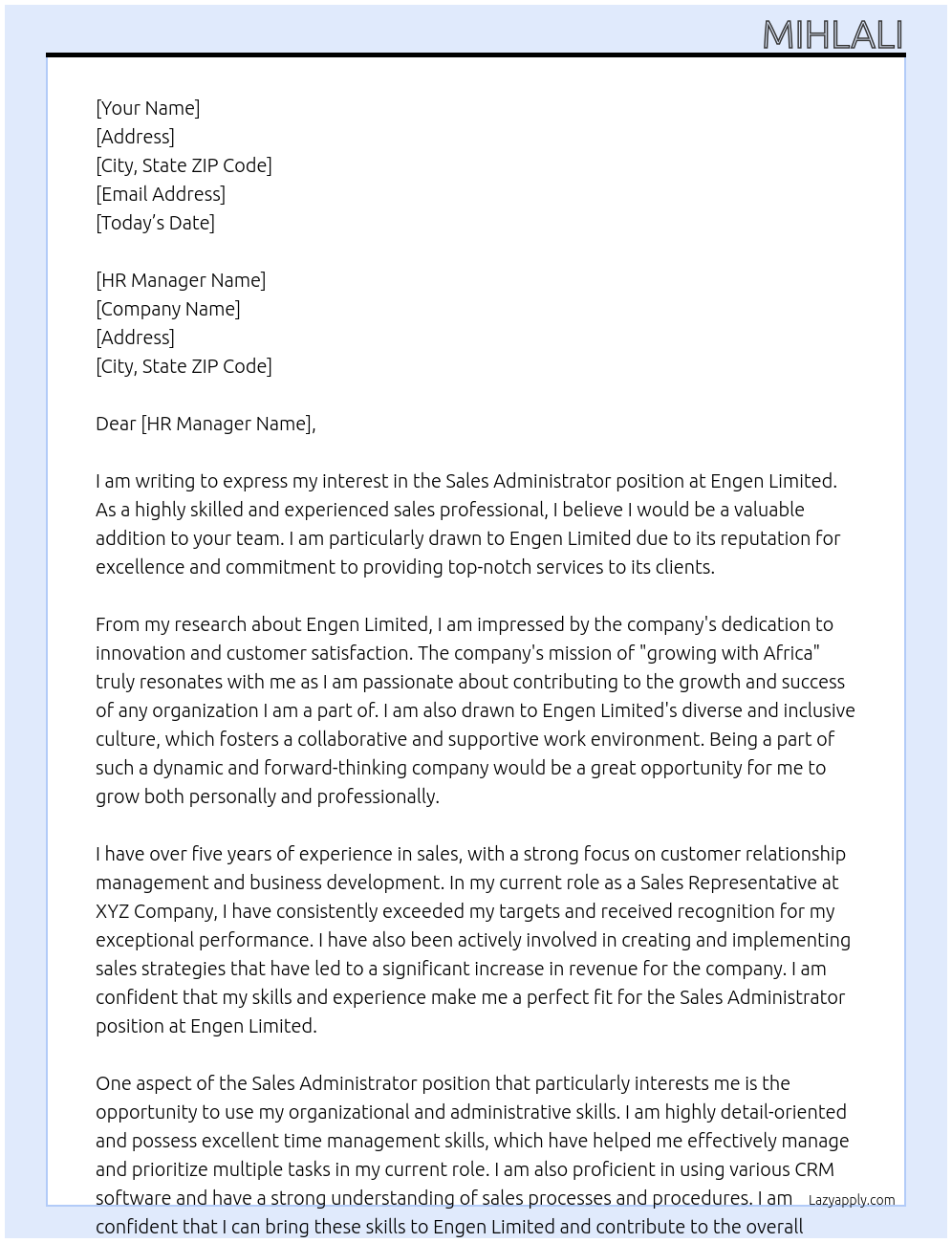 Sales Administrator At Engen Limited Cover Letter