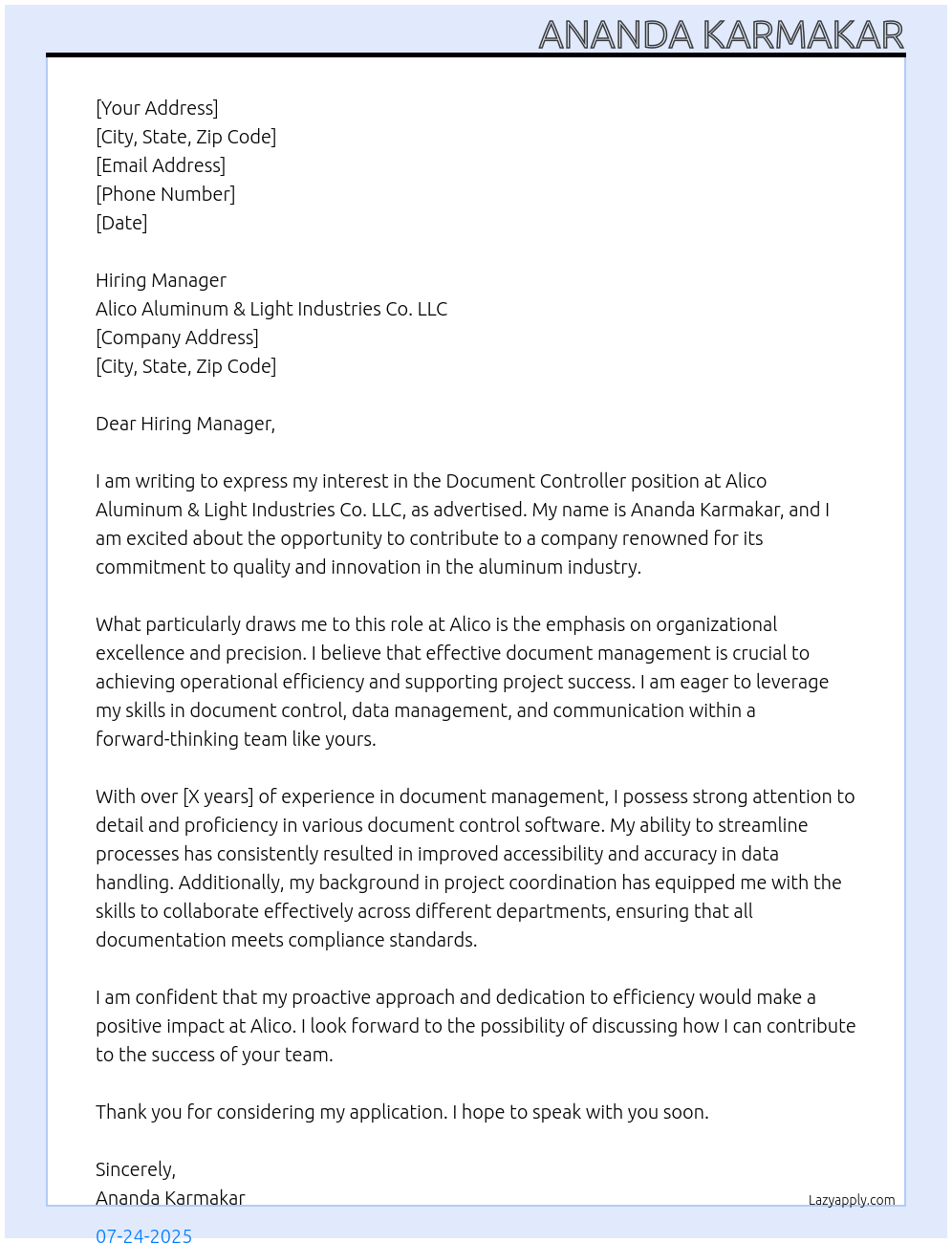 Document Controller At Alico Aluminum & Light industries Co.LLC Cover Letter