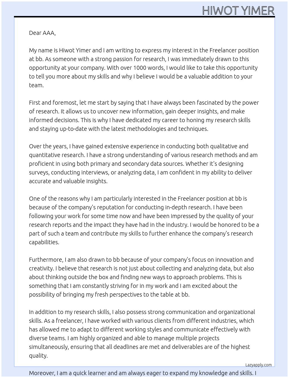 freelancer At bb Cover Letter