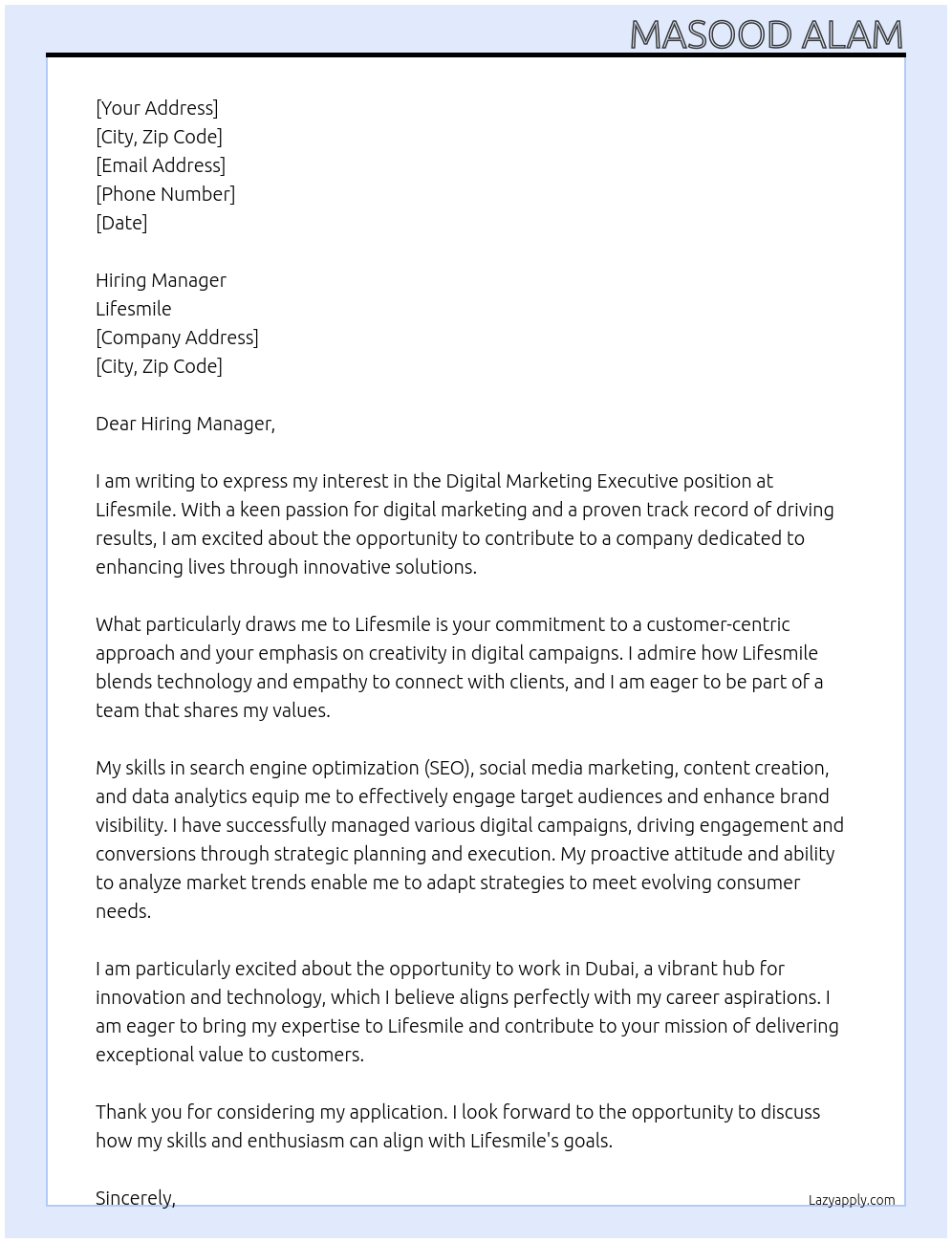 Cover letter for digital marketing executive - LazyApply