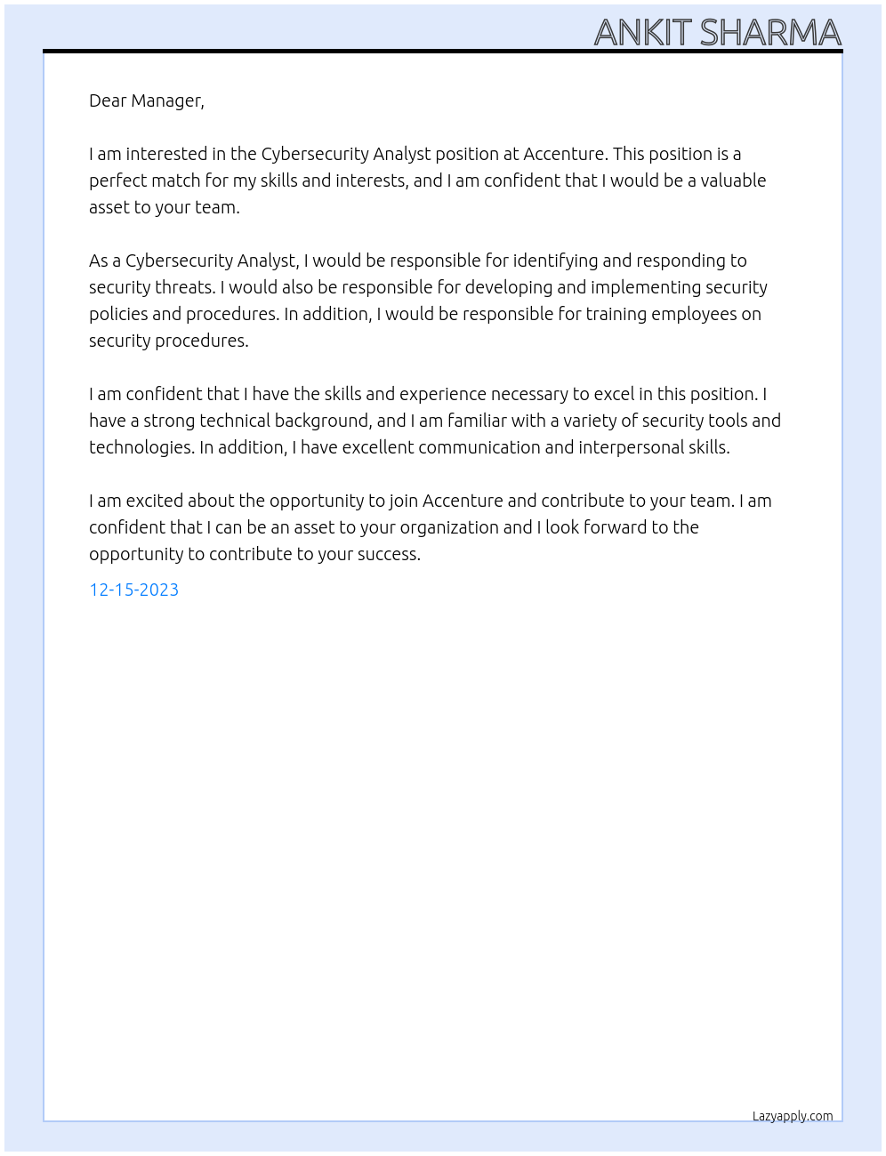 Cybersecurity Analyst At Accenture Cover Letter