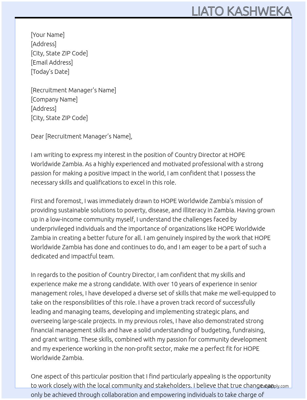 Country Director At HOPE Worldwide Zambia Cover Letter