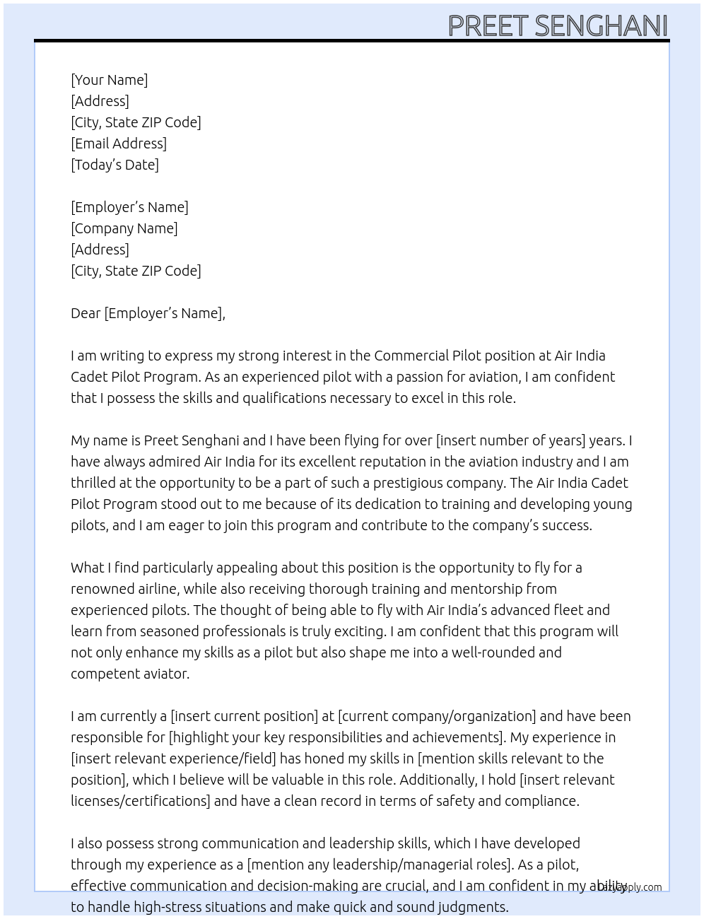 Commercial Pilot  At Air India Cadet Pilot Program  Cover Letter
