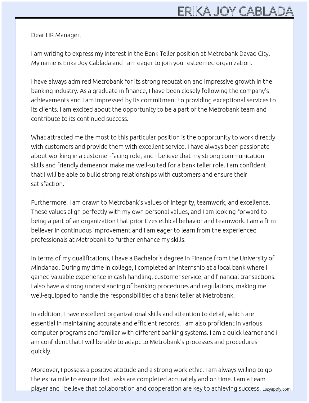 Bank teller At Metrobank davao city Cover Letter