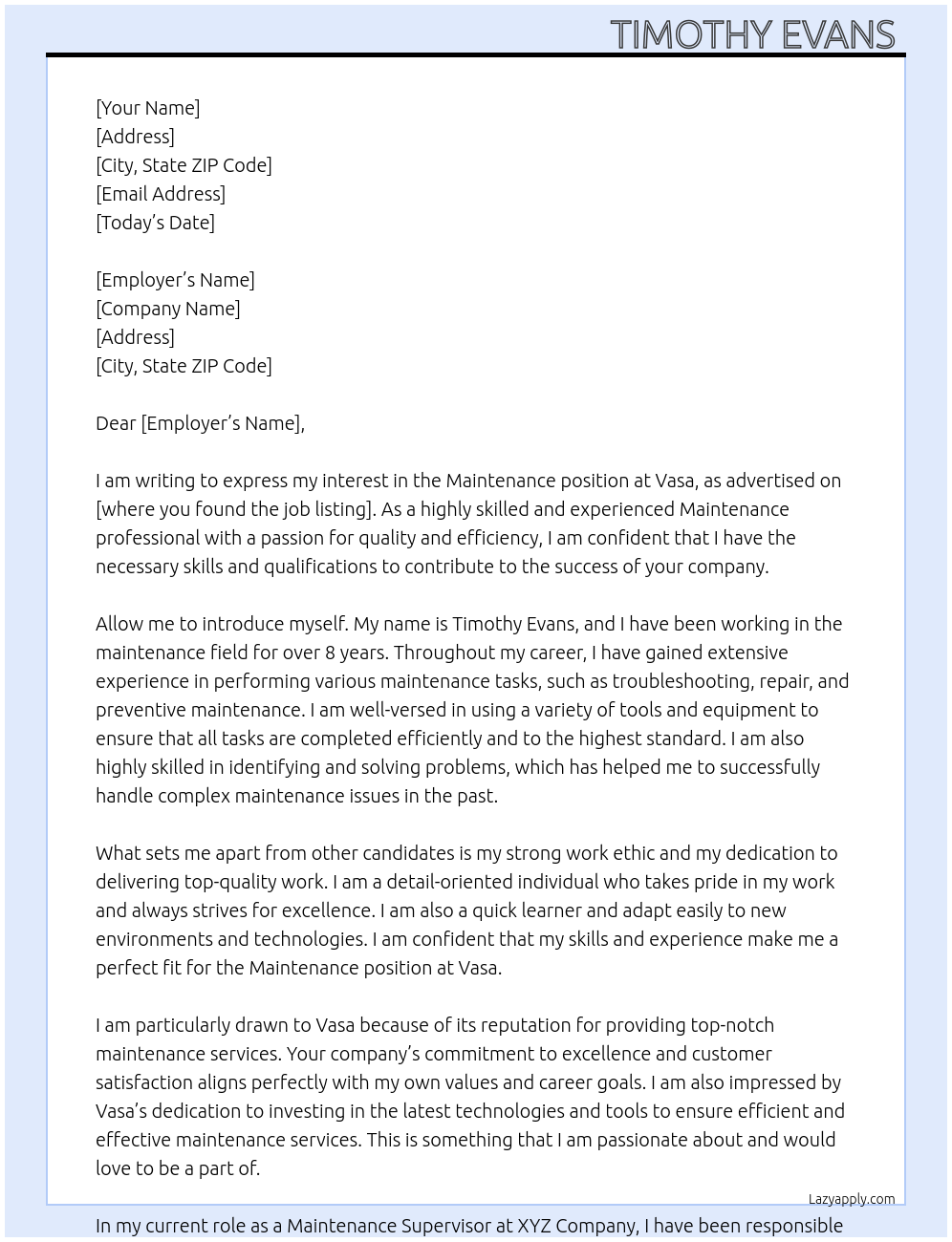 Maintenance At Vasa Cover Letter