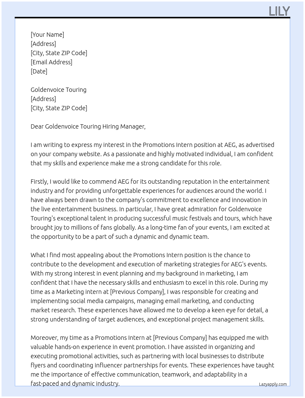 Promotions Intern At AEG Cover Letter