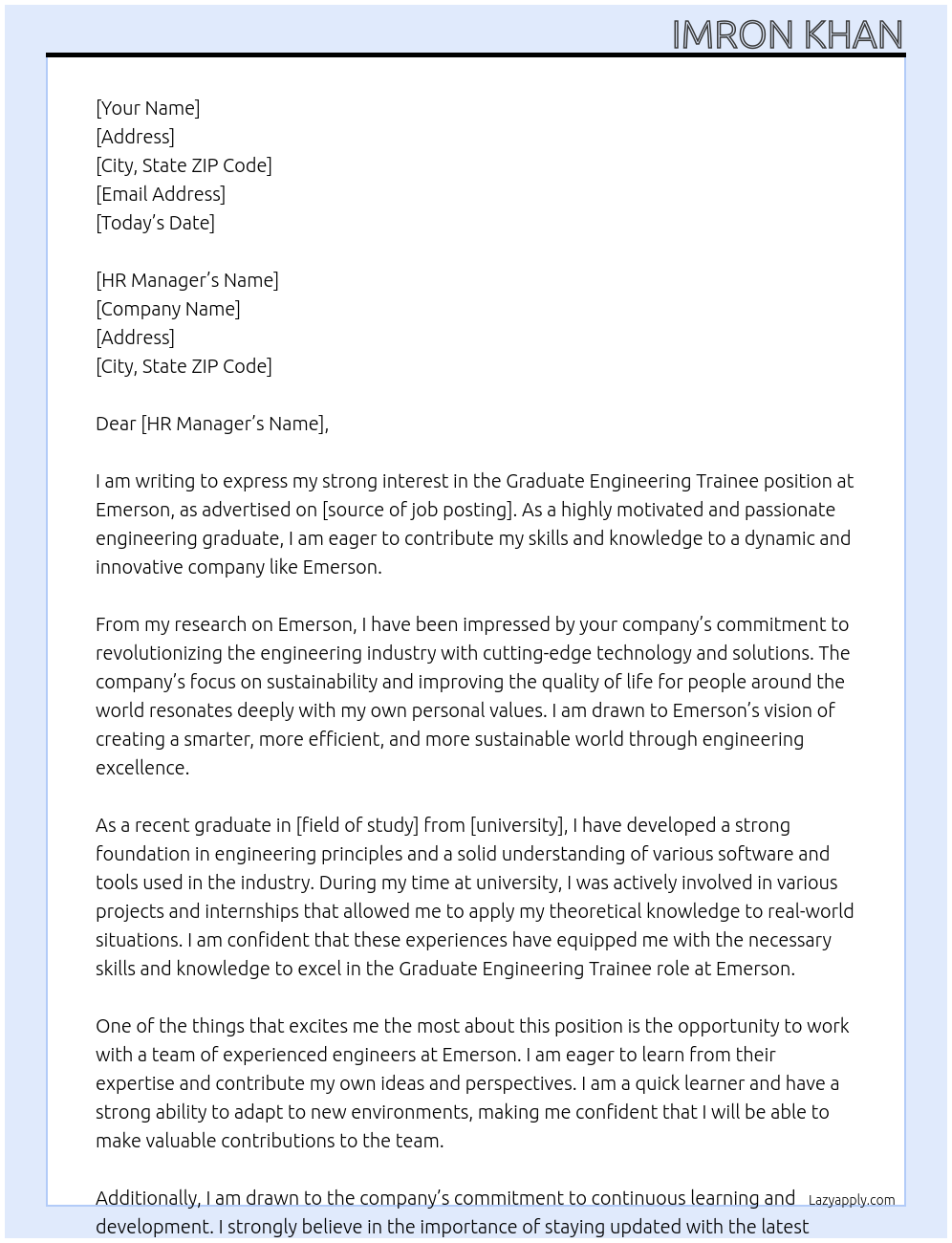 graduate engineering trainee At EMERSON Cover Letter