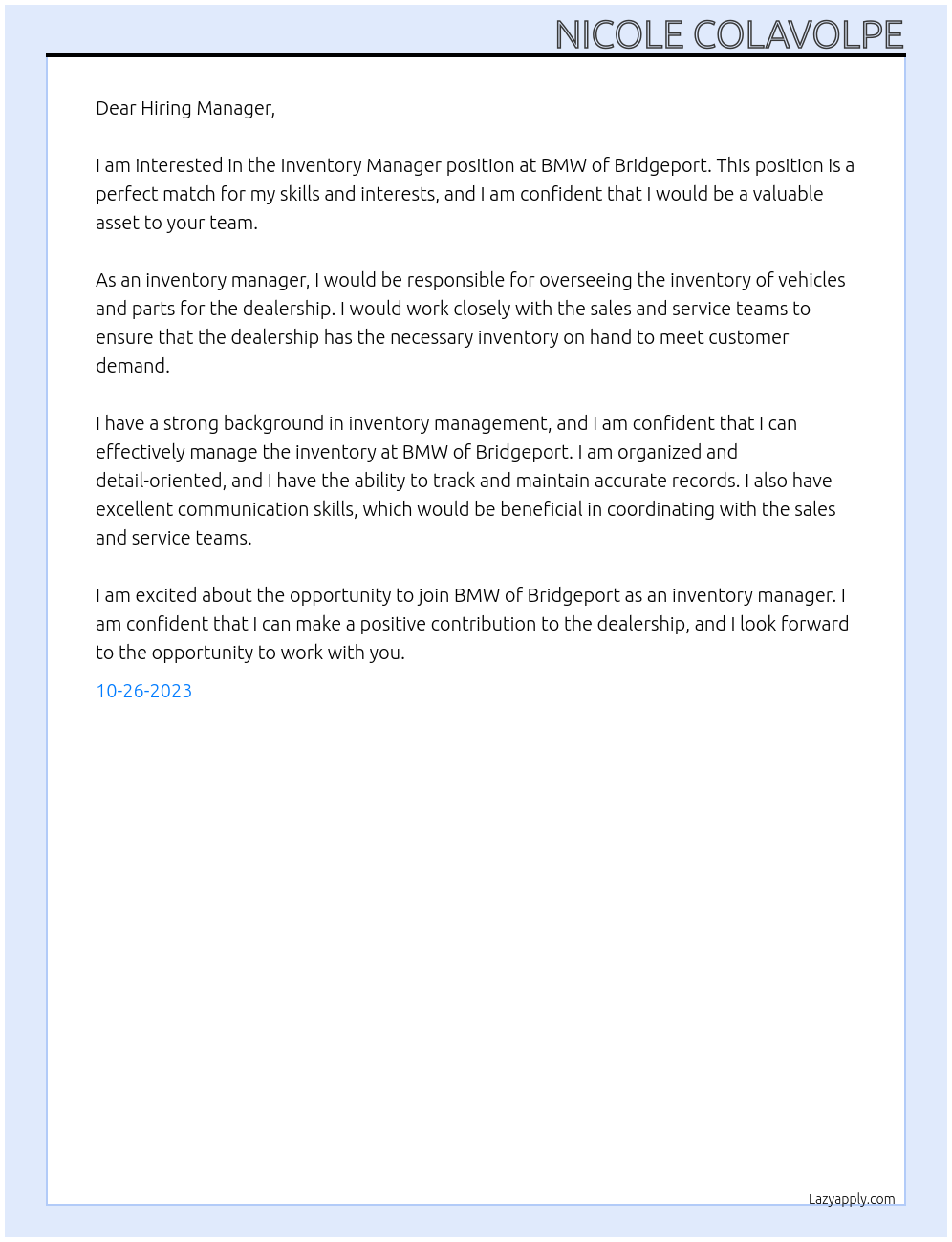Inventory Manager At BMW of Bridgeport Cover Letter