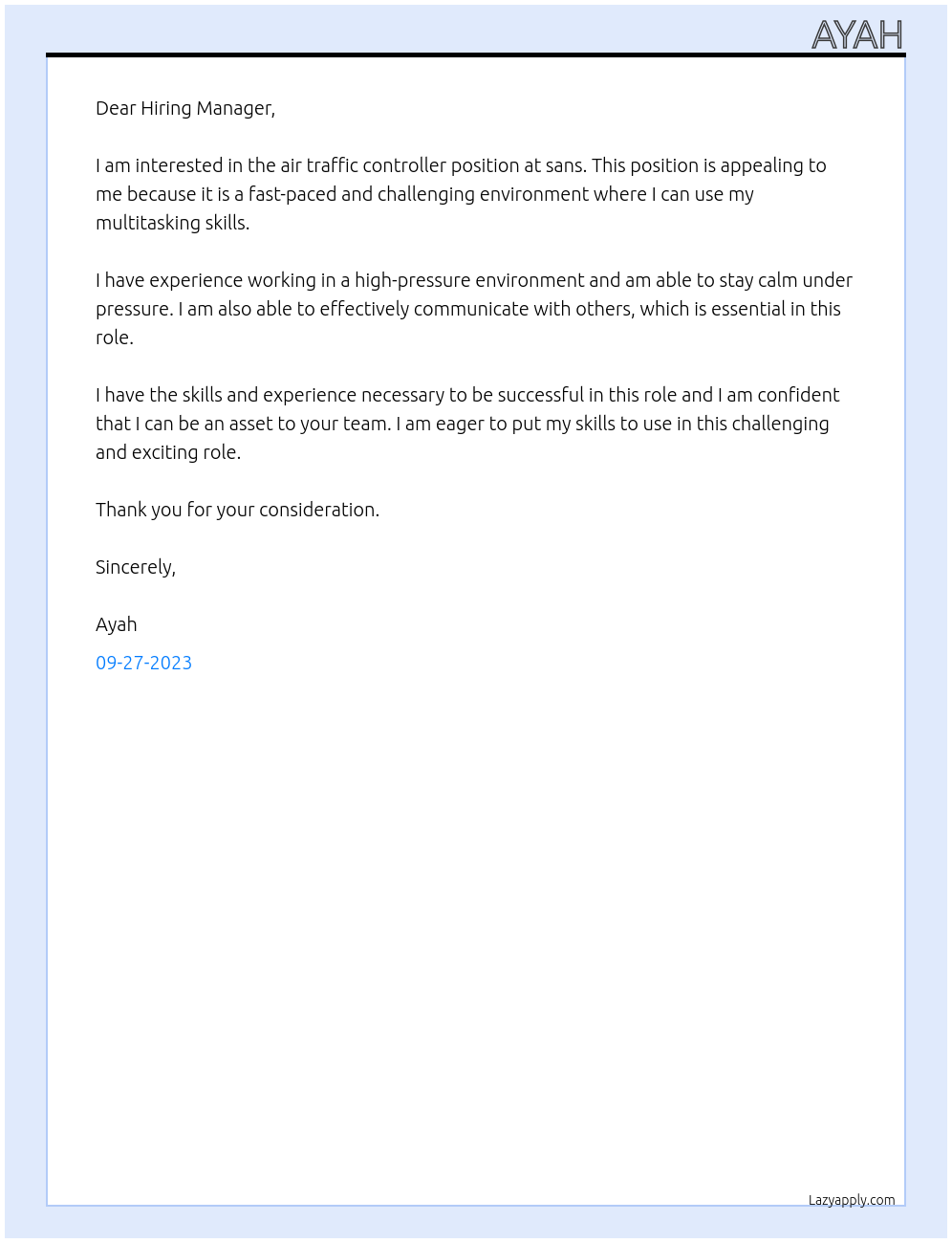 air traffic controller At sans Cover Letter