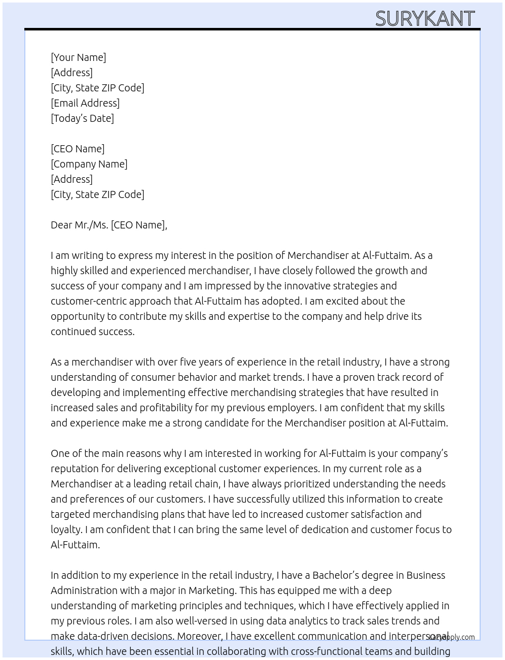 Merchandiser At Al - Futtaim Cover Letter