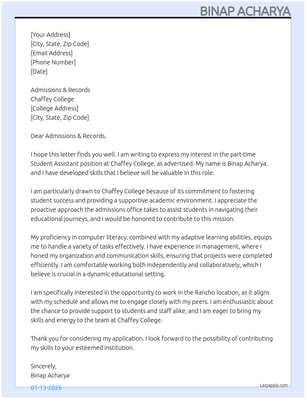 Cover letter for student assistant - LazyApply