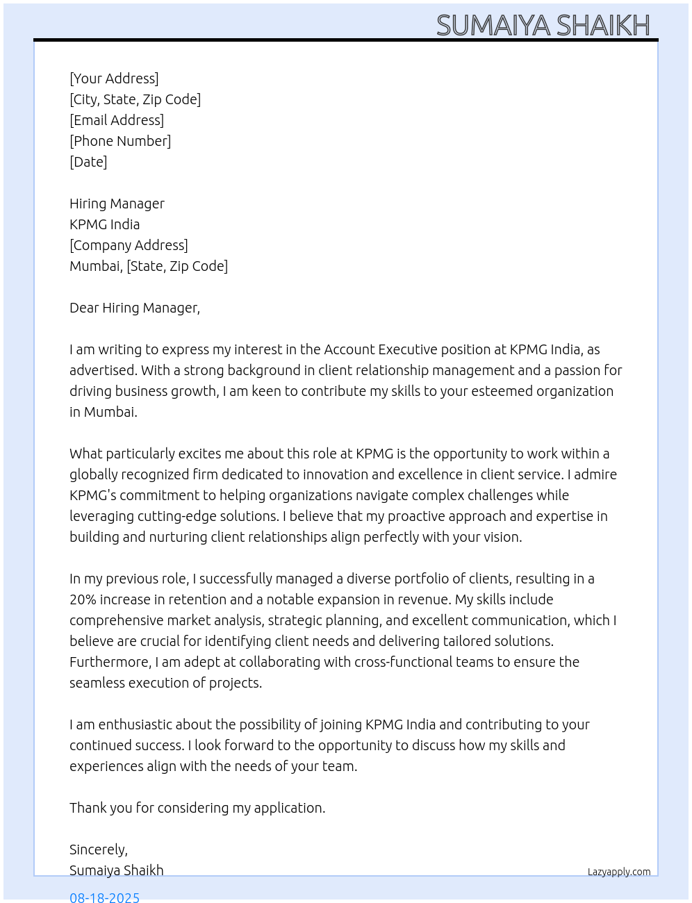 Account Executive At KPMG INDIA Cover Letter