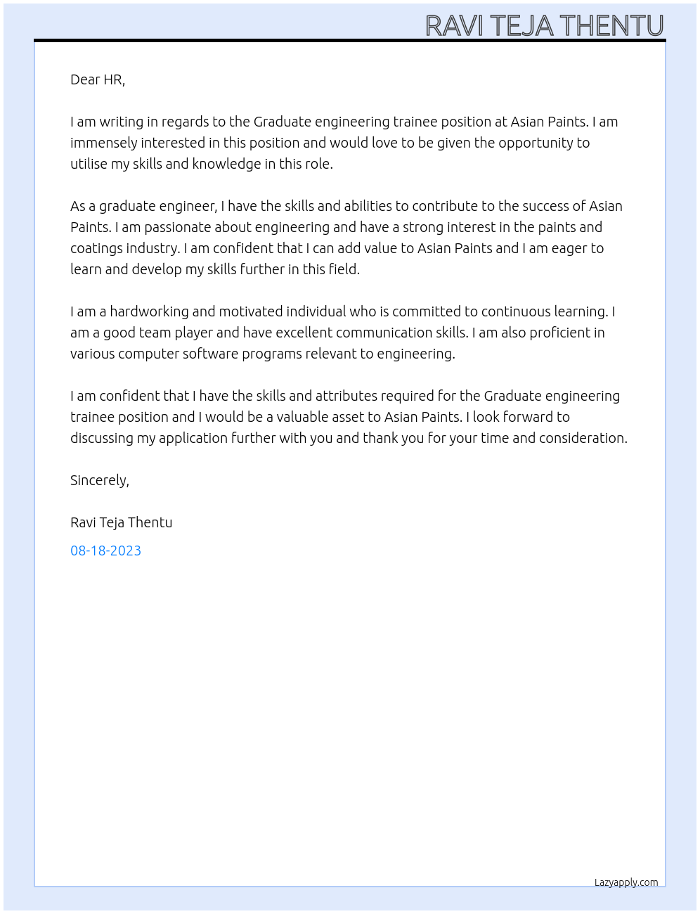 Graduate engineering trainee At asian paints Cover Letter