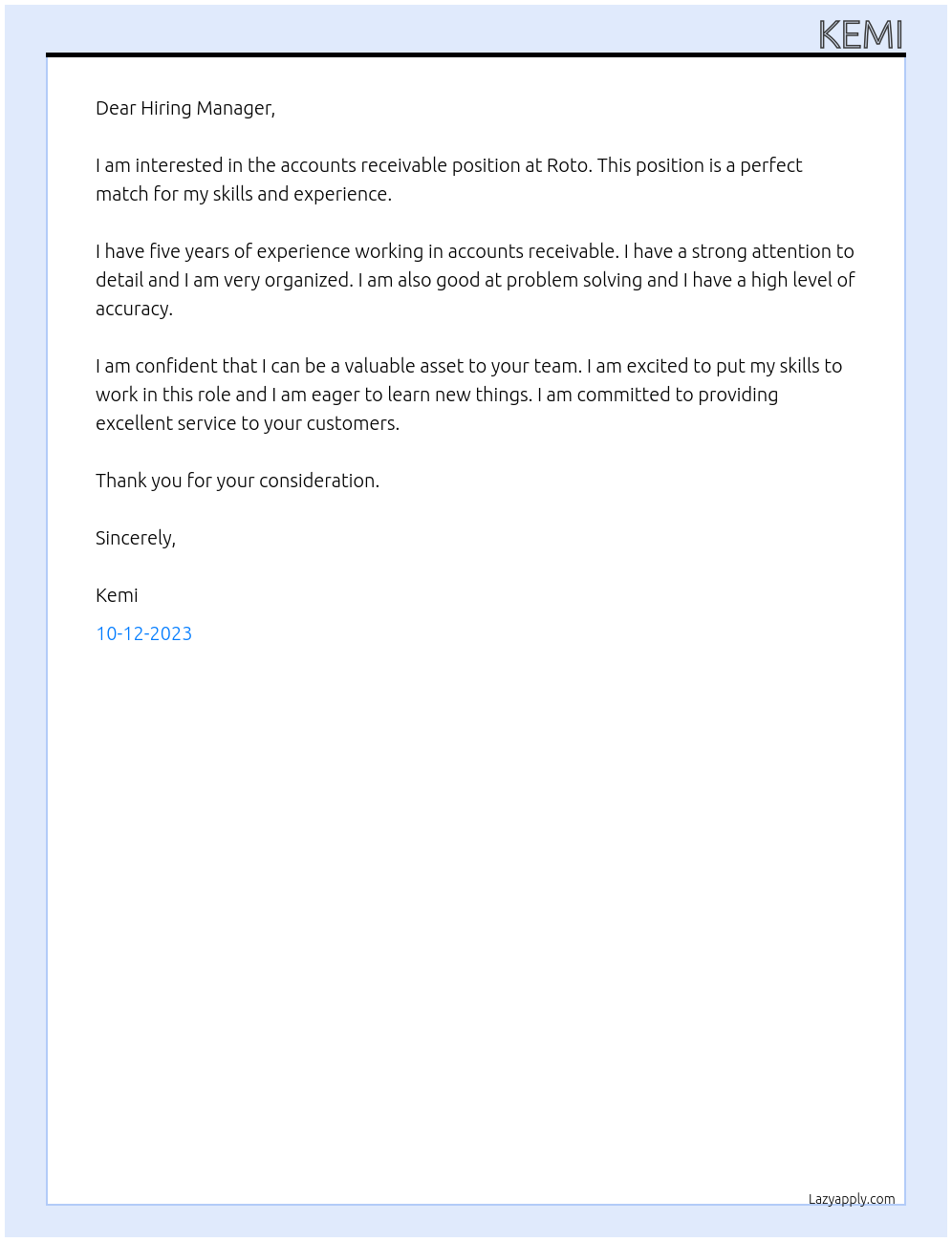Accounts receivable At roto Cover Letter
