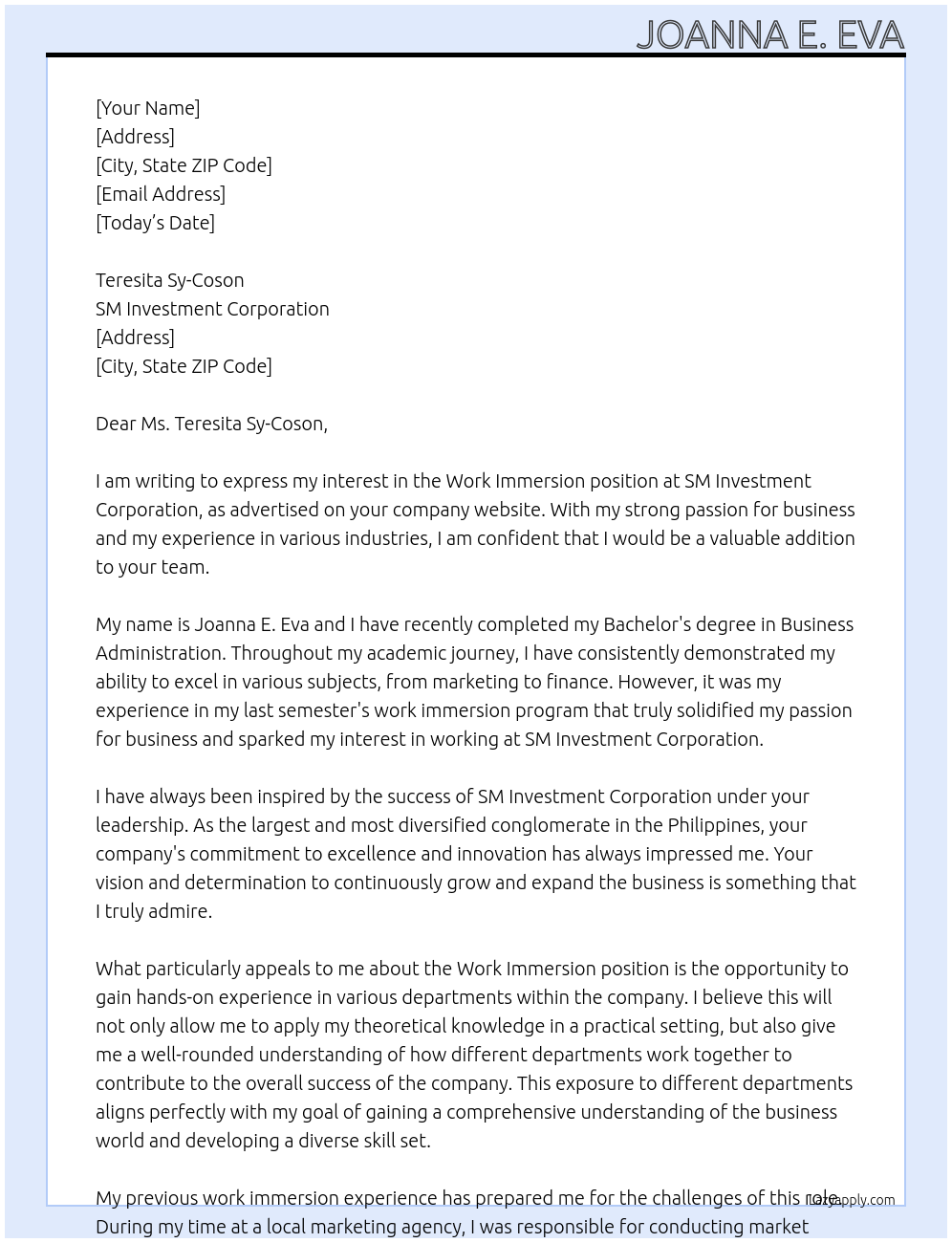 Work Immersion At SM Investment Corporation Cover Letter