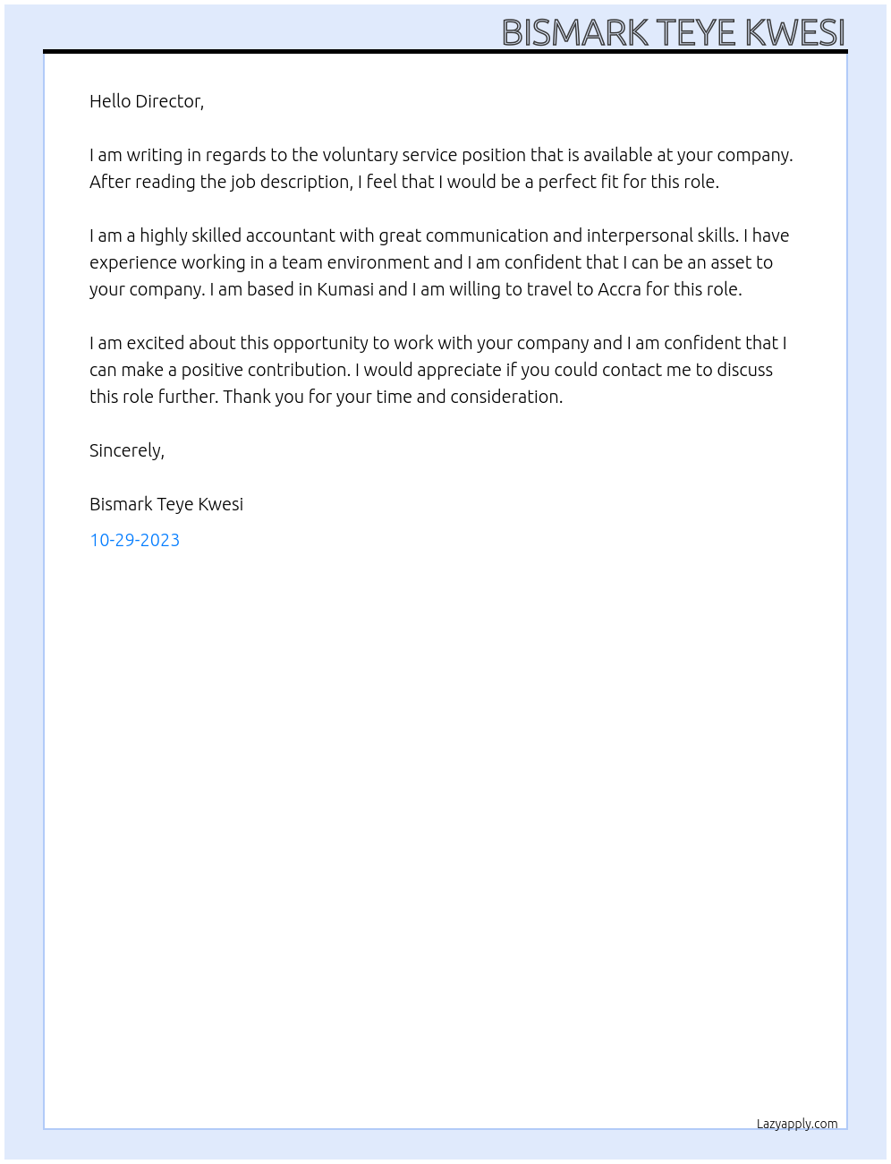 Voluntary service At AAMUSTED Cover Letter