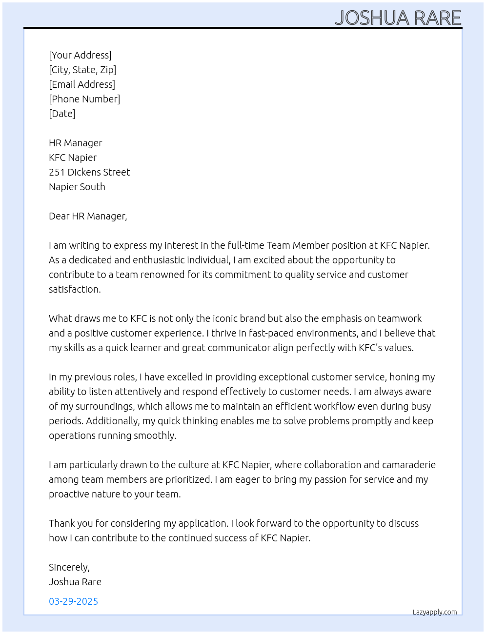 Team Member At KFC Napier Cover Letter