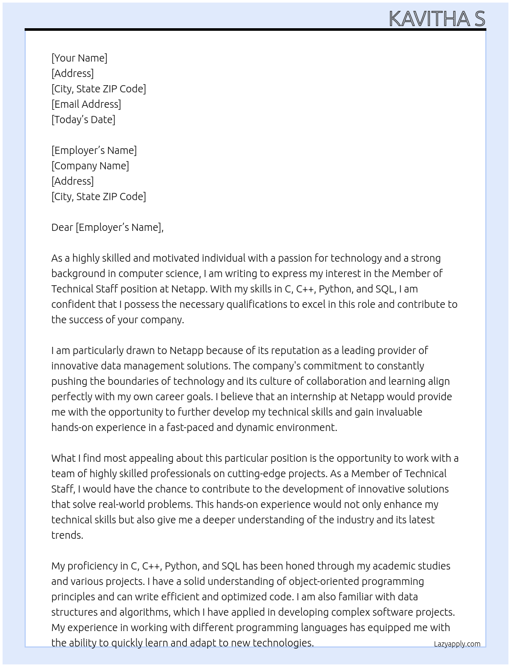 Member of Technical Staff At Netapp Cover Letter