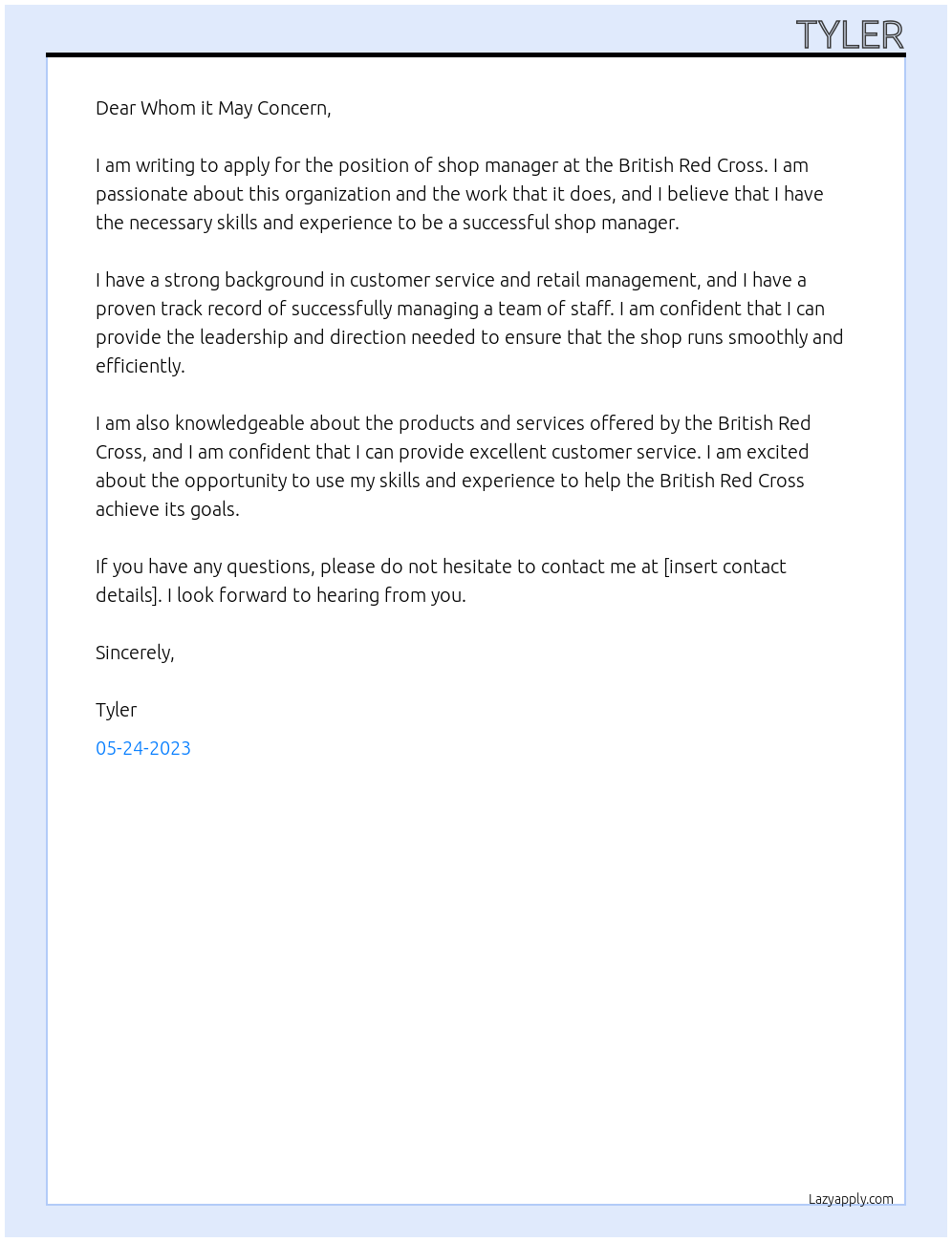 Shop manager At British Red cross Cover Letter