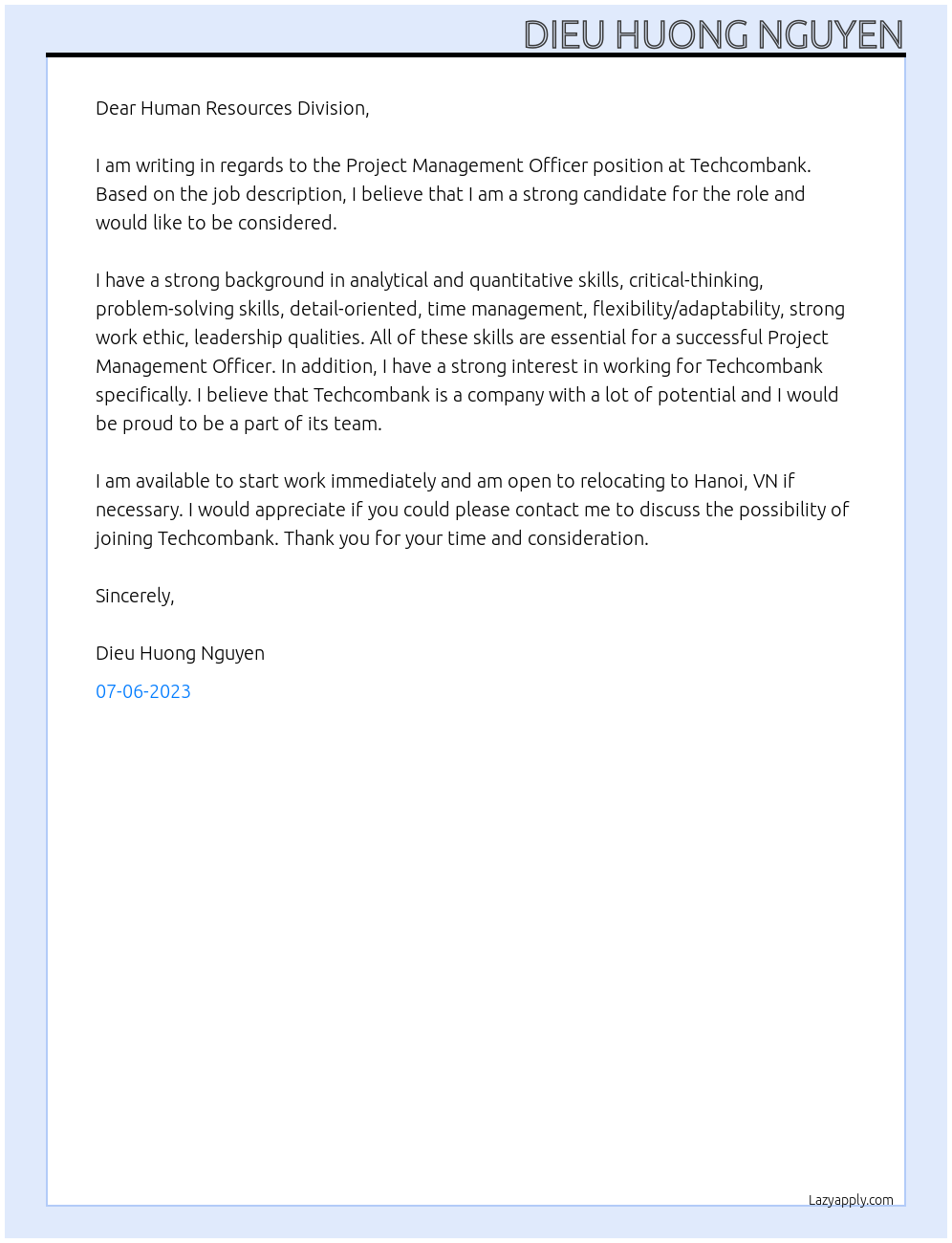 Project Management Officer At Techcombank Cover Letter