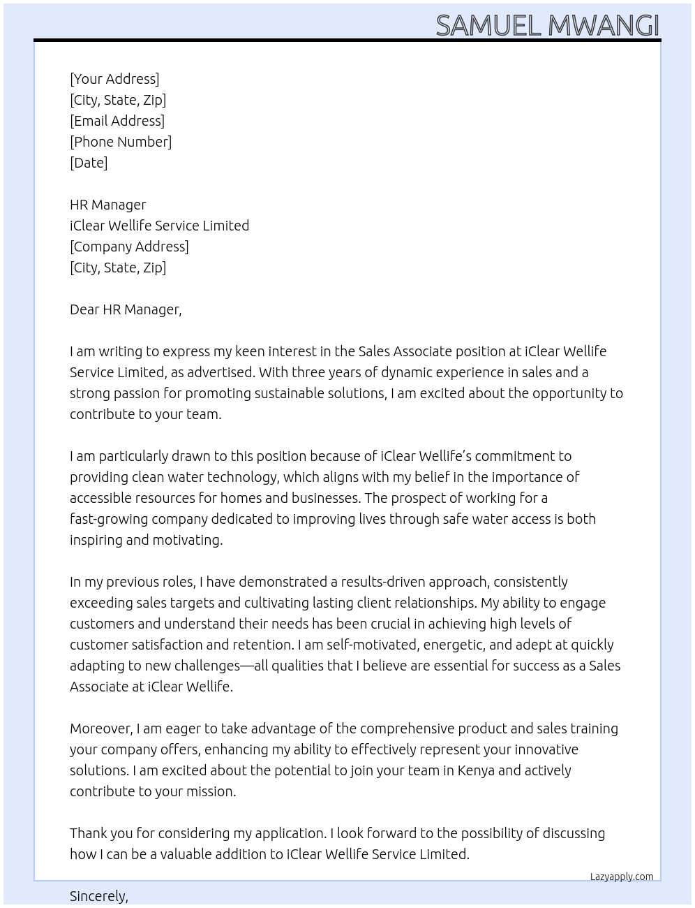 SALES ASSOCIATE At iClear Wellife Service Limited Cover Letter
