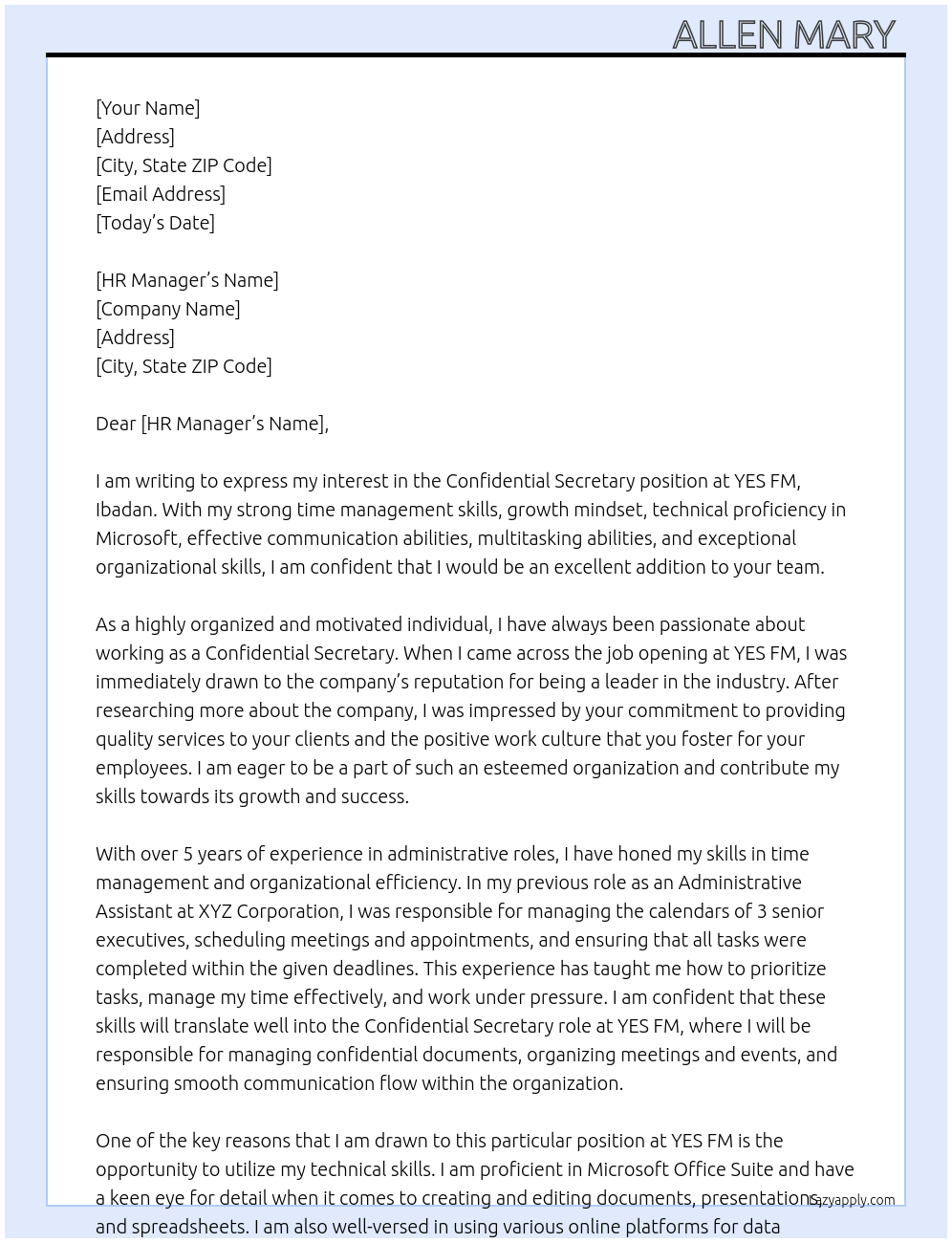 Confidential secretary  At YES FM, Ibadan  Cover Letter