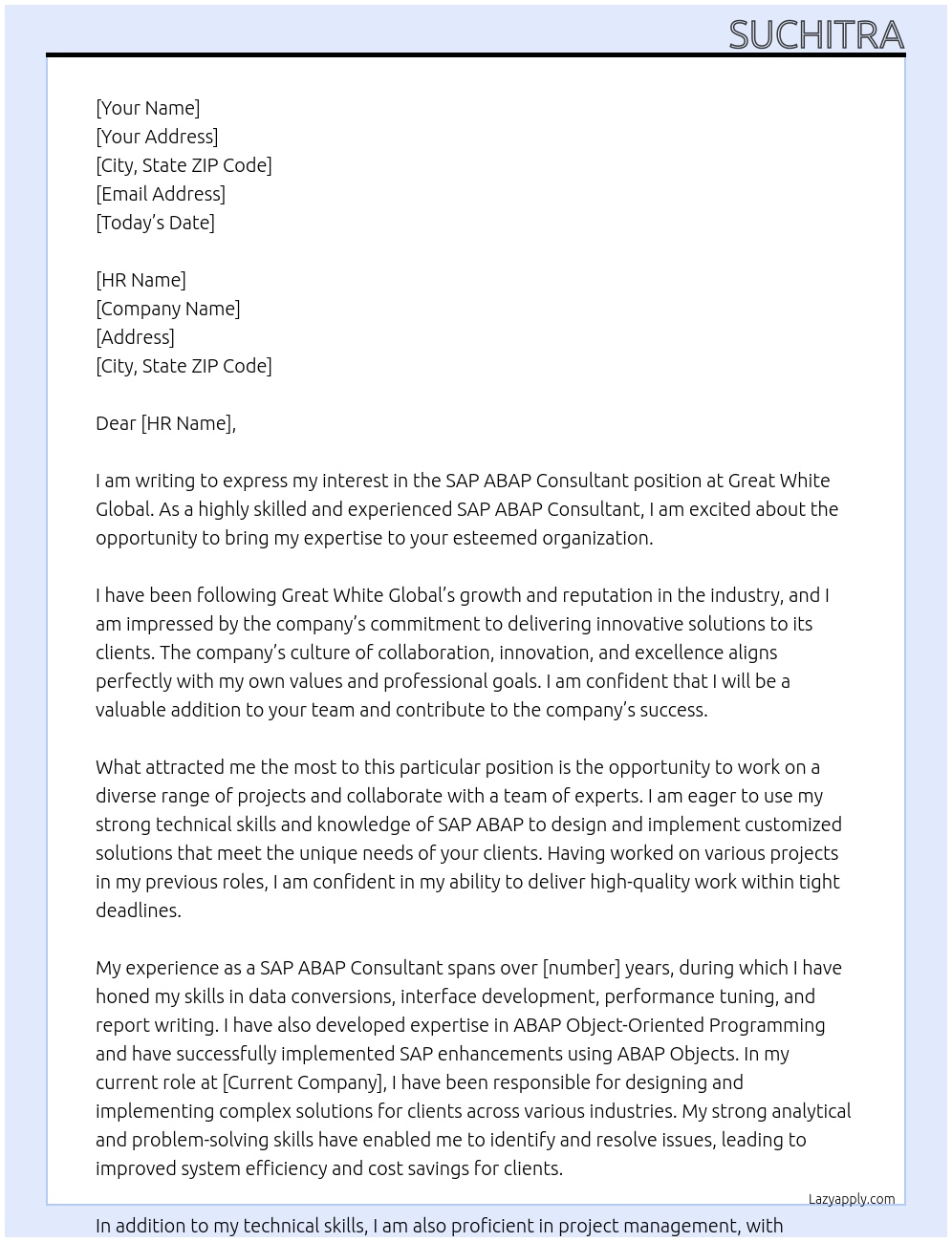 SAP ABAP Consultant At Great White Global Cover Letter