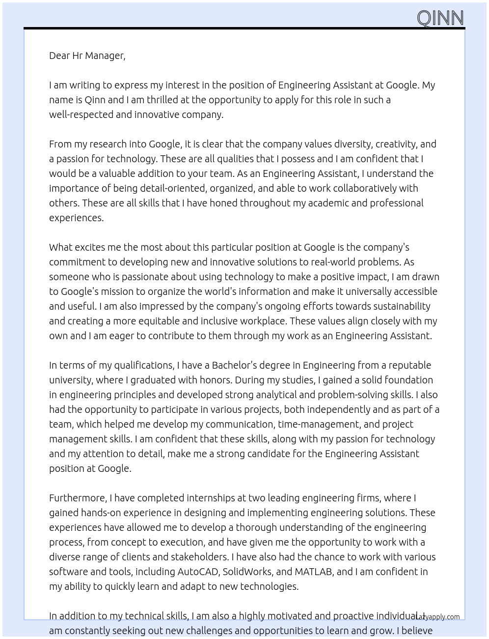 Engineering assistant  At Google Cover Letter