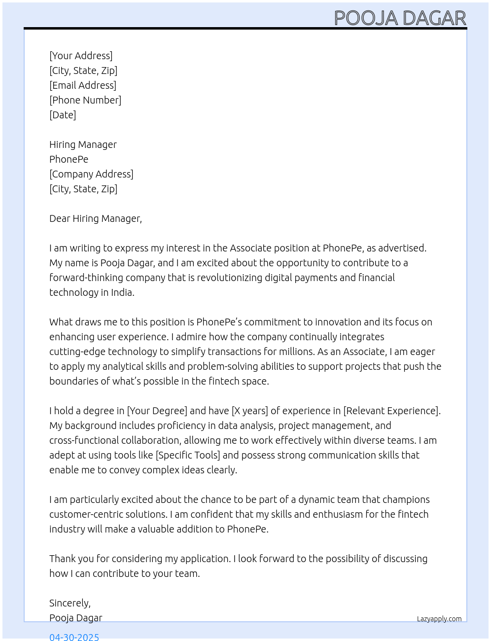 Associate At Phonepe Cover Letter