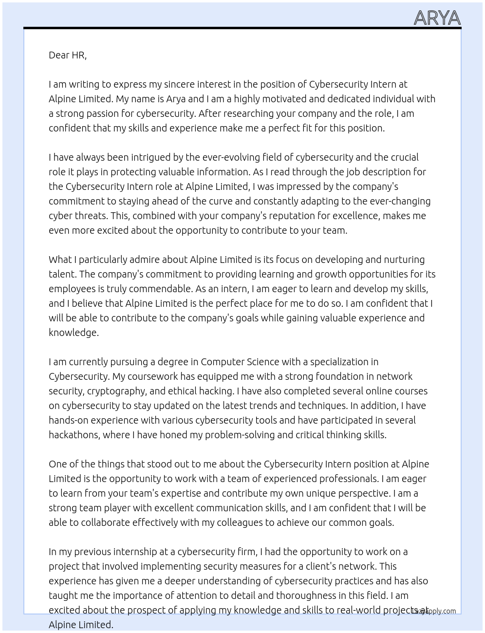 cybersecurity intern At Alpine limited Cover Letter