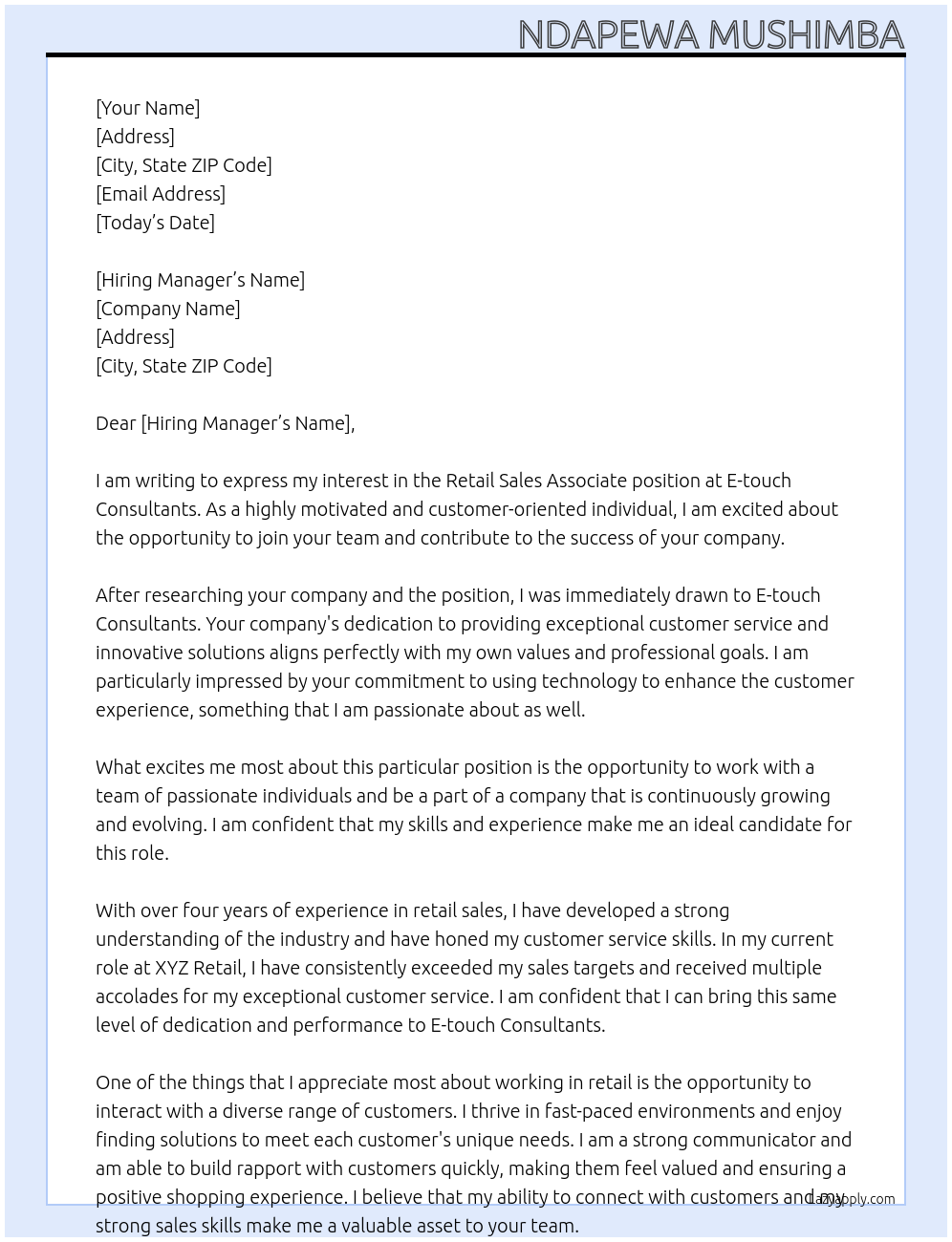 Retail sales associate At E-touch consultants Cover Letter