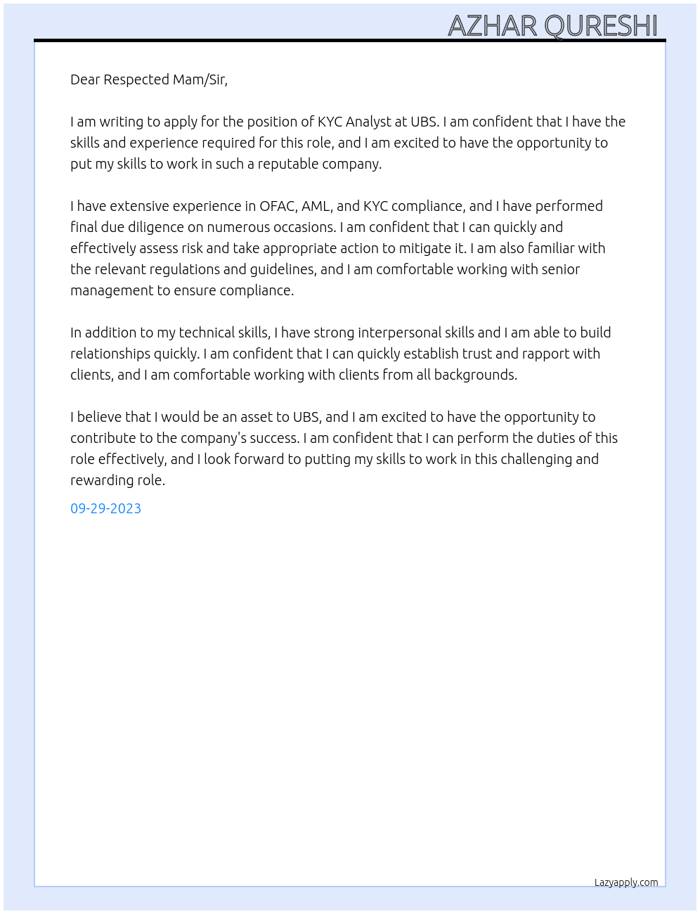 KYC Analyst  At UBS  Cover Letter