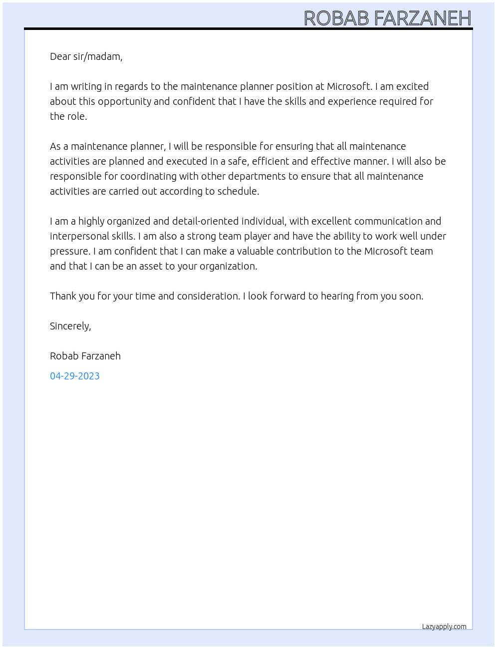 maintenance planner At Microsoft Cover Letter