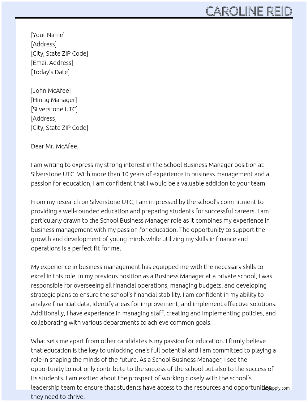 School Business Manager At Silverstone UTC Cover Letter