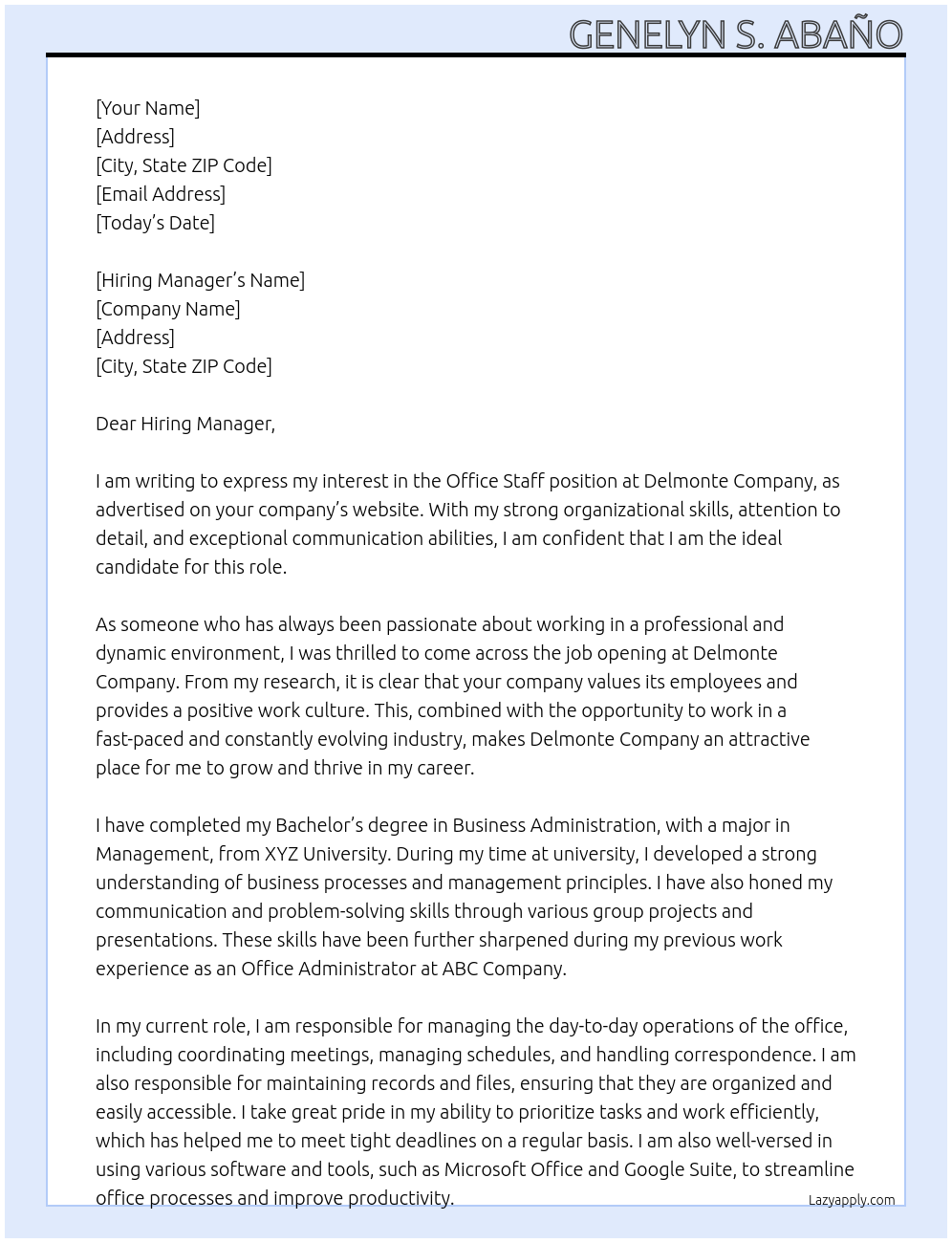 Office Staff At Delmonte Company Cover Letter