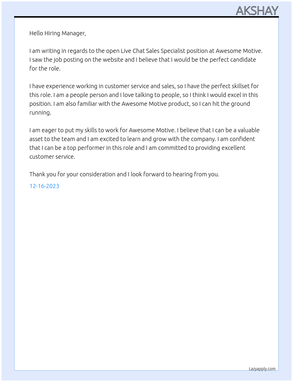 Live Chat Sales Specialist At Awesome Motive Cover Letter