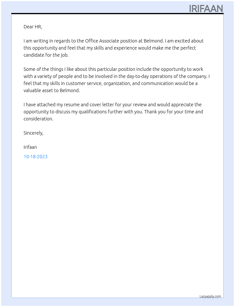 Office Associate At Belmond Cover Letter