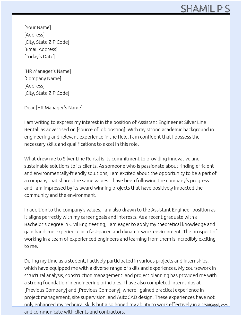 Assistant engineer At silver line rental Cover Letter