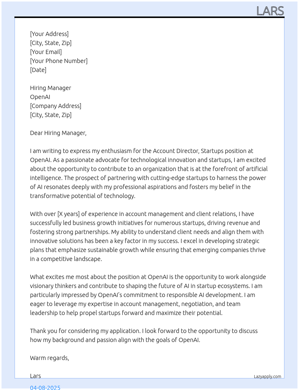Account Director, Startups At OpenAI Cover Letter