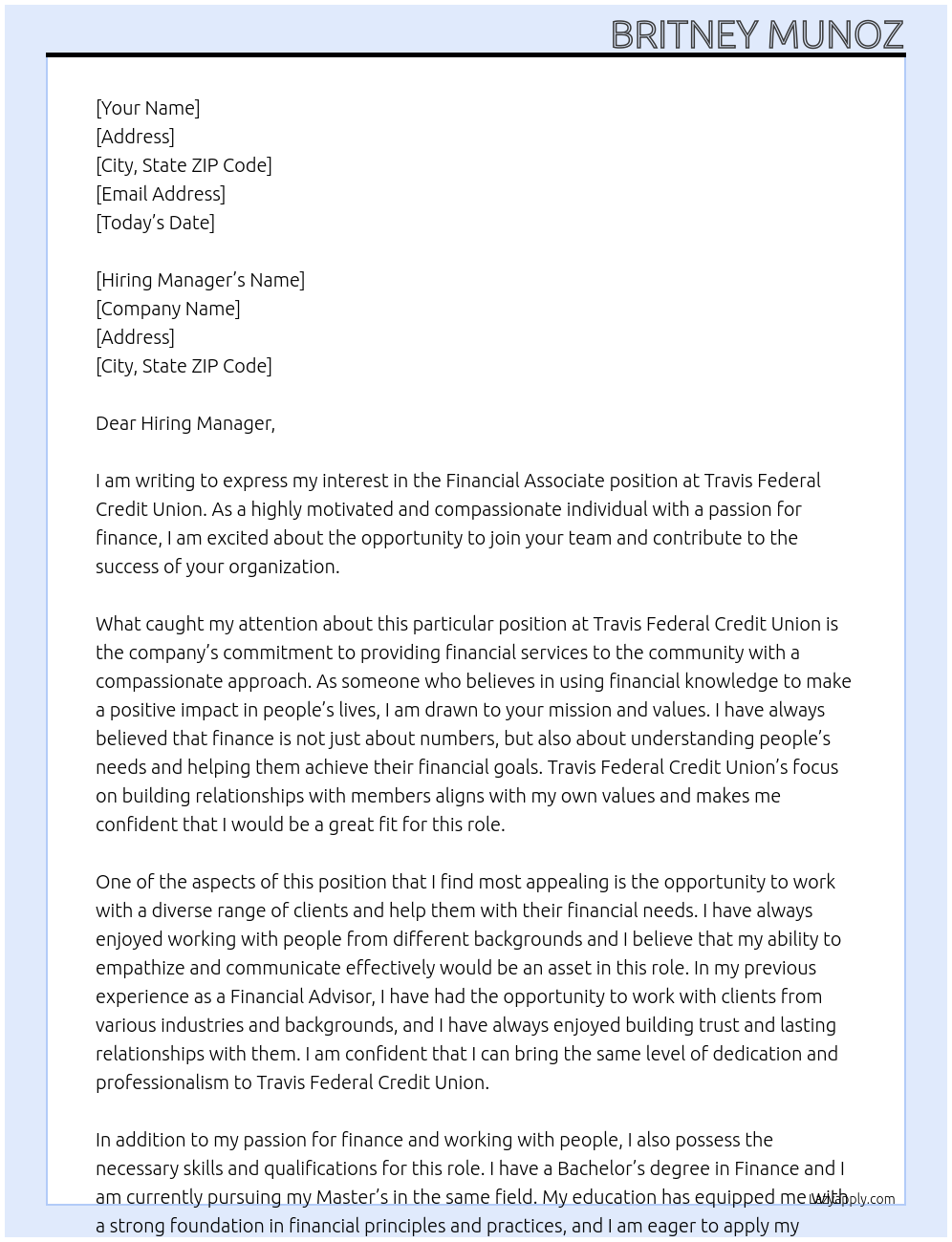 Financial associate At Travis Federal Credit Union Cover Letter