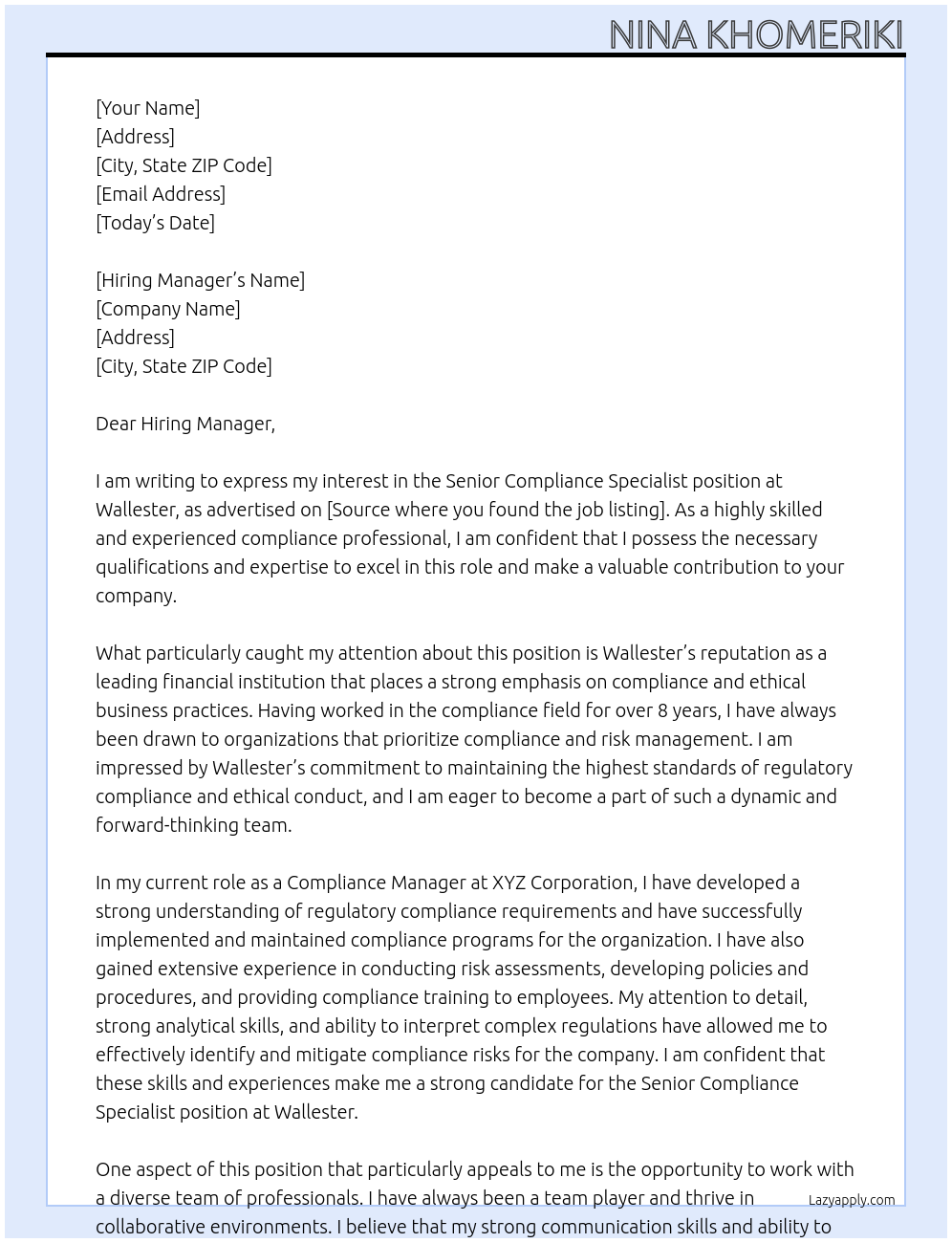 Senior Compliance Specialist At Wallester Cover Letter