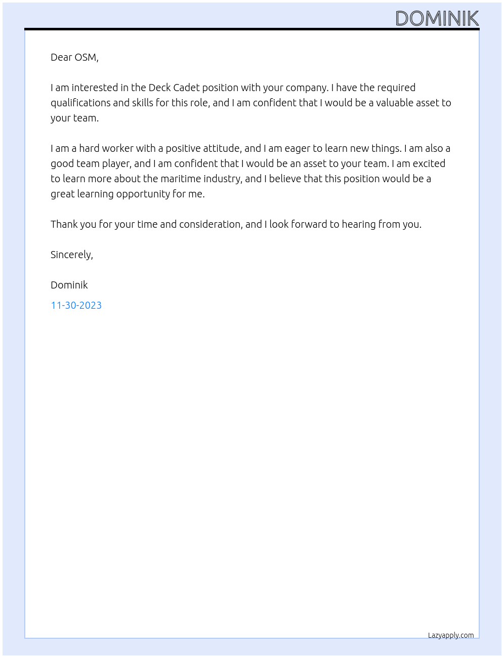 Deck cadet At OSM Cover Letter