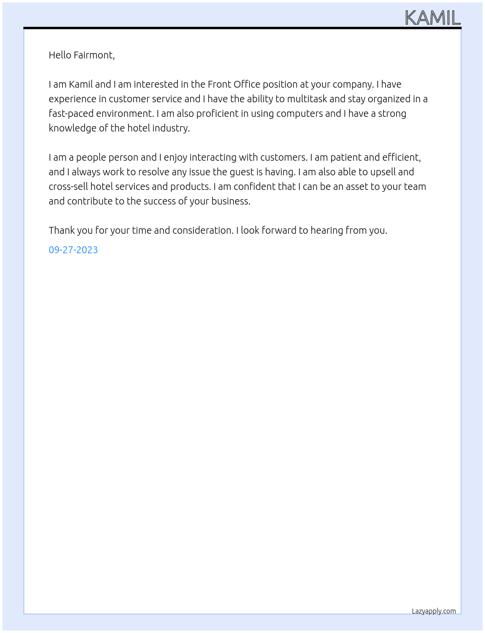 Front Office At Fairmont Cover Letter