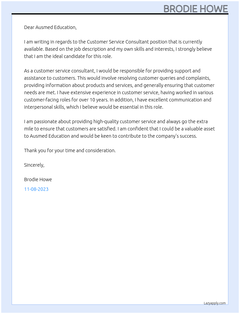 Customer Service Consultant At Ausmed Education Cover Letter